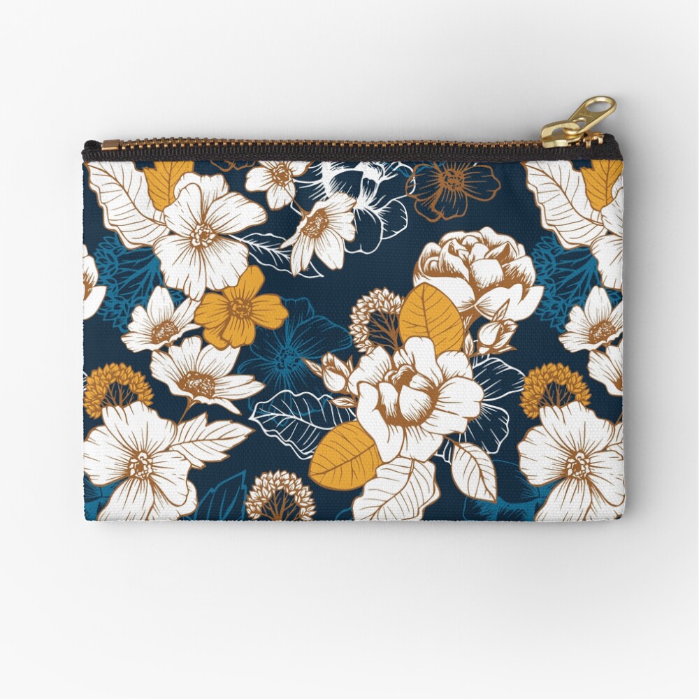 Navy and Gold Peony and Blossom Seamless Pattern Zipper Pouch