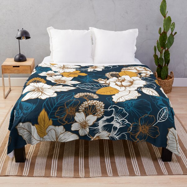 Navy and Gold Peony and Blossom Seamless Pattern Throw Blanket
