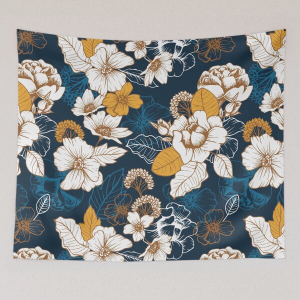 Item preview, Navy and Gold Peony and Blossom Seamless Pattern designed and sold by meghanmarie.