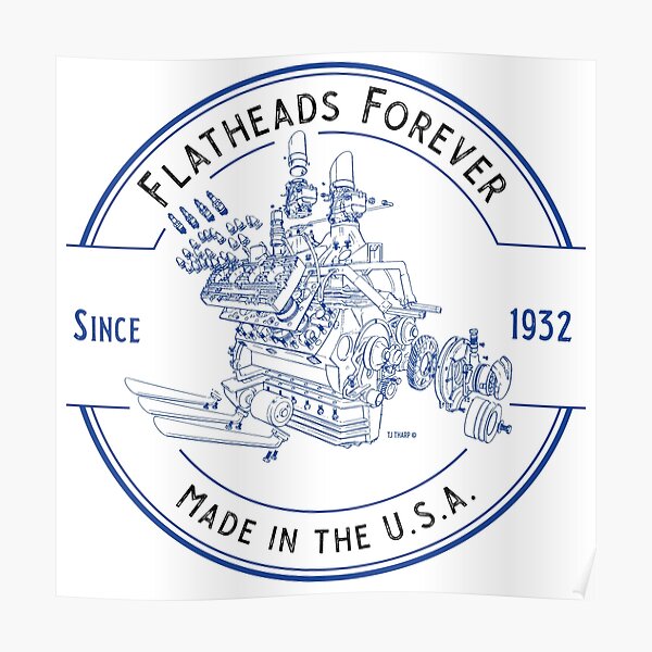 Flatheads Forever V8 Hot Rod Engine Exploded View Blue Poster
