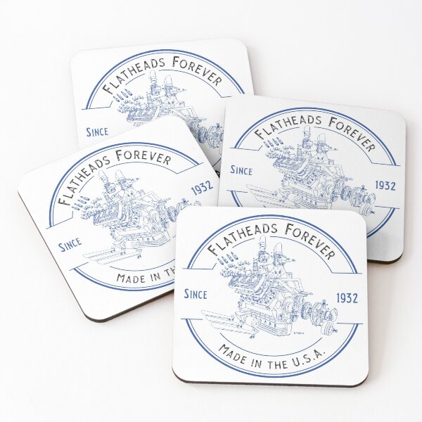 Flatheads Forever V8 Hot Rod Engine Exploded View Blue Coasters (Set of 4)