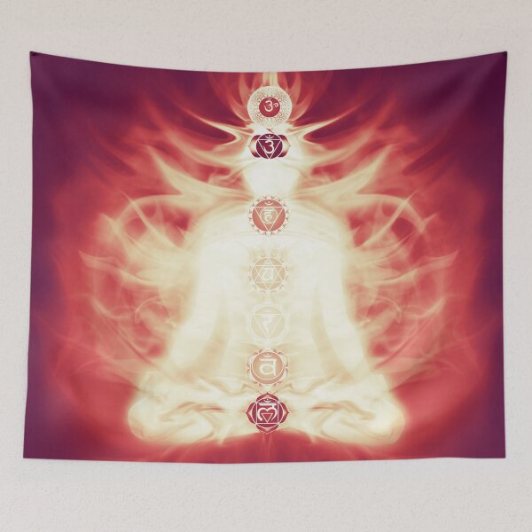 Item preview, Chakras symbols and energy flow on human body art print designed and sold by AwenArtPrints.