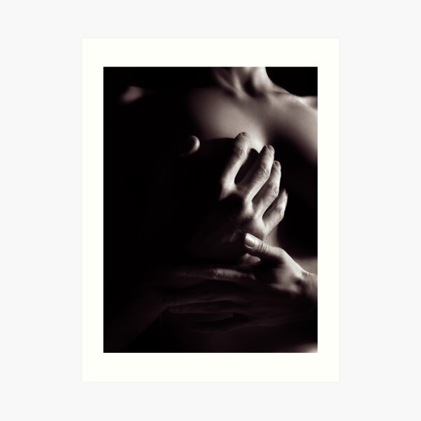 Closeup of man hand on nude woman breast art photo print Art Print