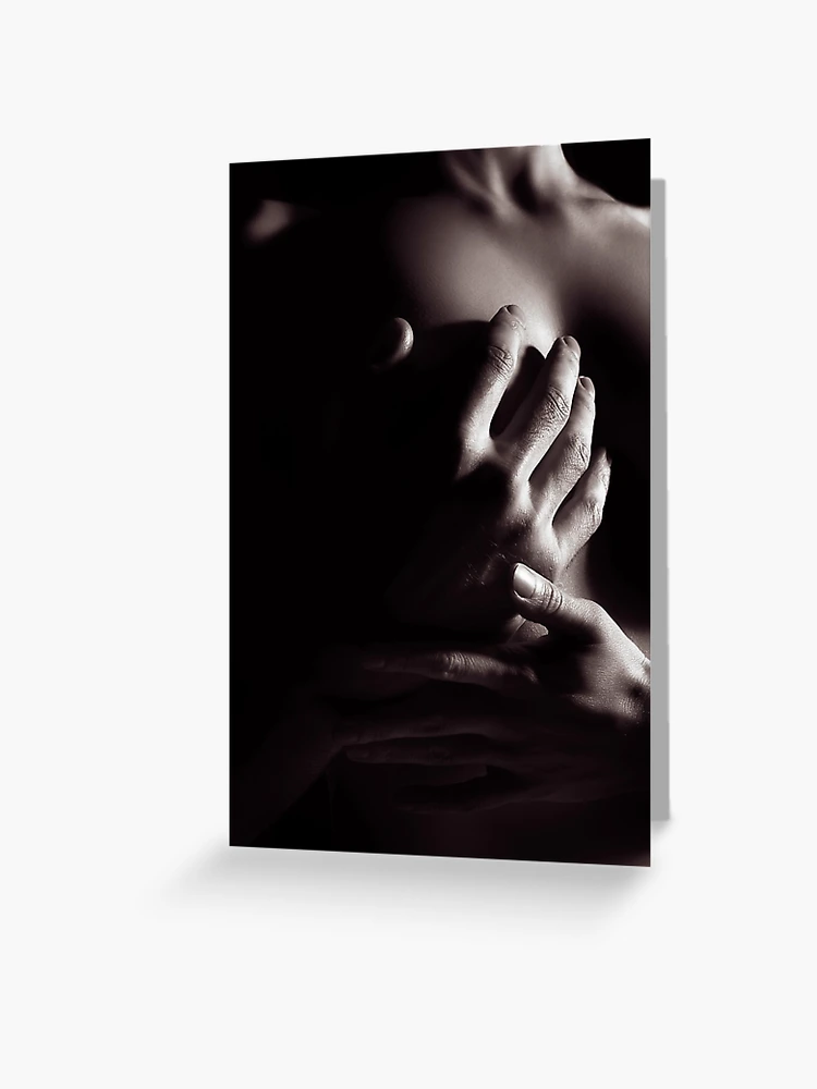 Couple In Passion. Man Hands Holding Female Breasts. Black And