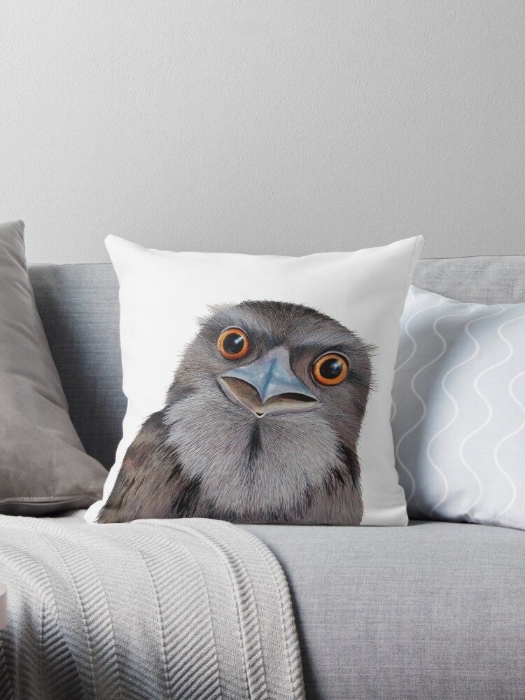 Thumbnail 1 of 3, Throw Pillow, Baby Tawny Frogmouth designed and sold by Nicole Grimm-Hewitt.