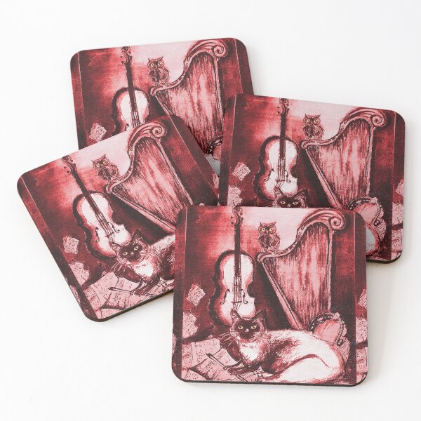 Item preview, MUSICAL CAT AND OWL WITH MUSIC INSTRUMENTS  Pink Red White Hues designed and sold by BulganLumini.