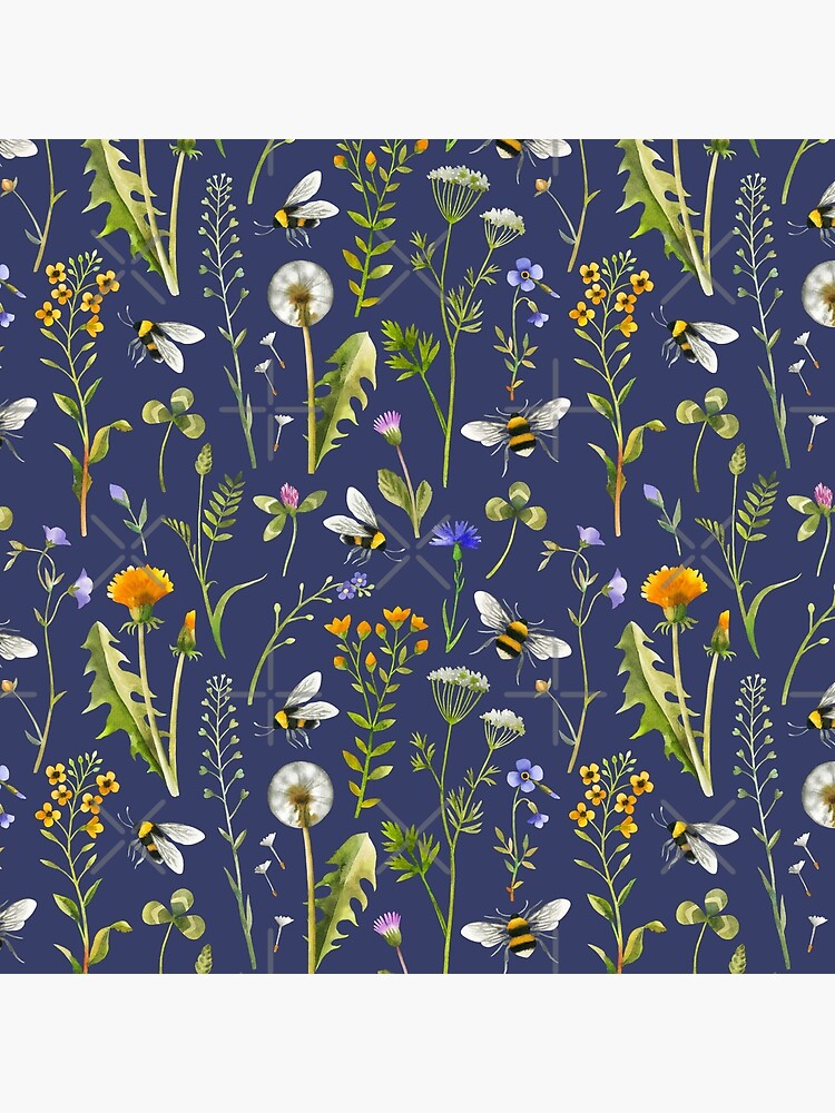 Thumbnail 2 of 2, Tote Bag, Bees and wildflowers / Dark blue designed and sold by MirabellePrint.