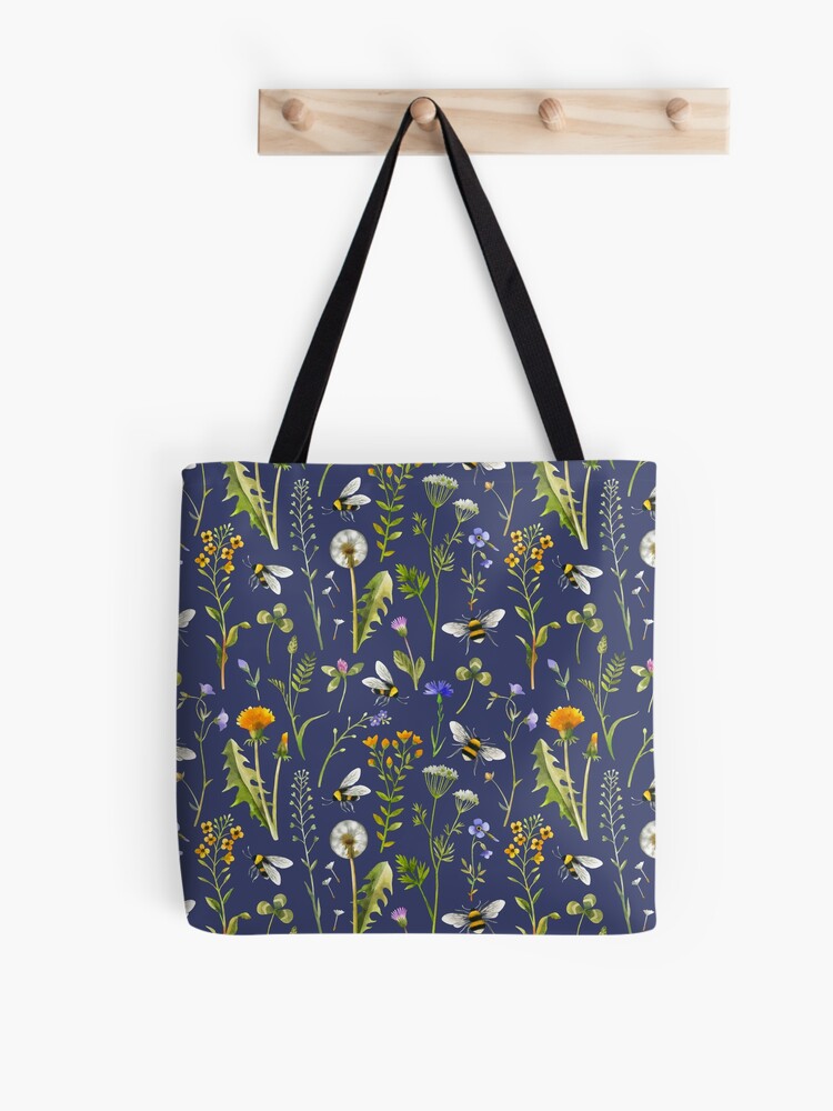 Thumbnail 1 of 2, Tote Bag, Bees and wildflowers / Dark blue designed and sold by MirabellePrint.