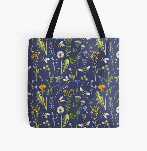 Item preview, Bees and wildflowers / Dark blue designed and sold by MirabellePrint.