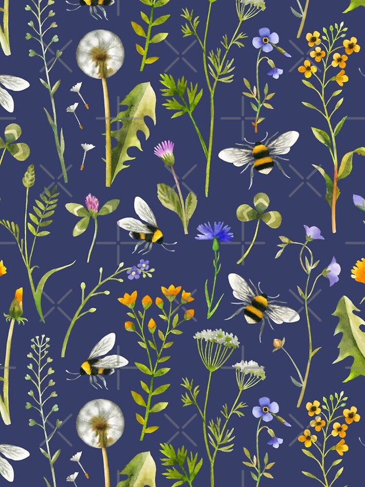 Disover Bees and wildflowers on dark blue iPhone Case