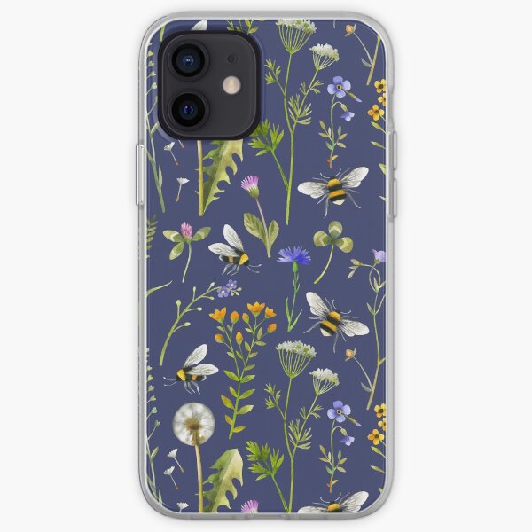 Bees and wildflowers on dark blue iPhone Soft Case
