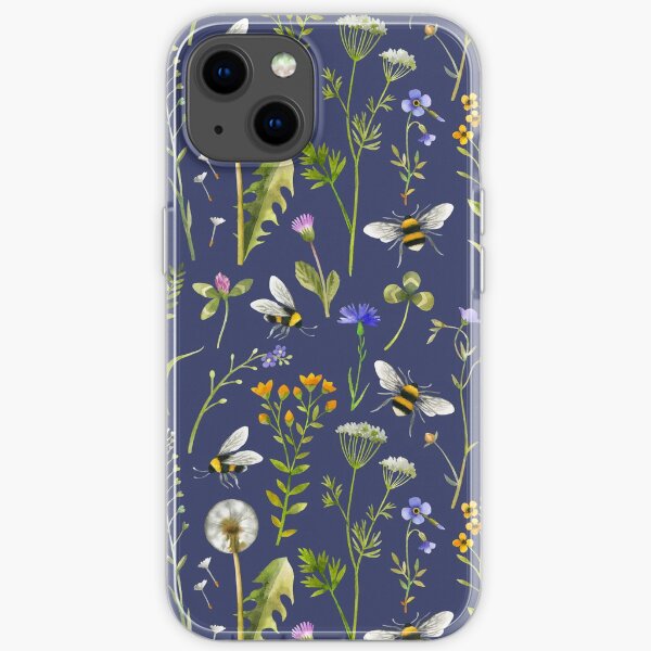 Bees and wildflowers on dark blue iPhone Soft Case