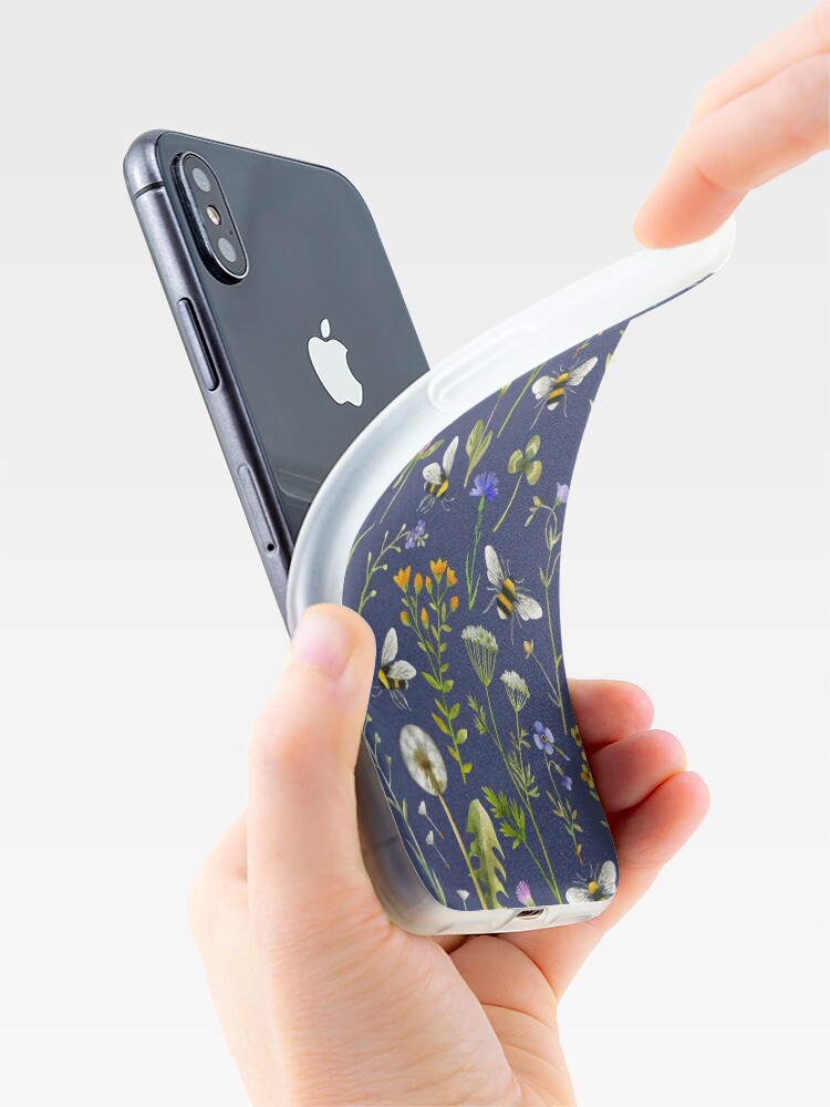 Disover Bees and wildflowers on dark blue iPhone Case