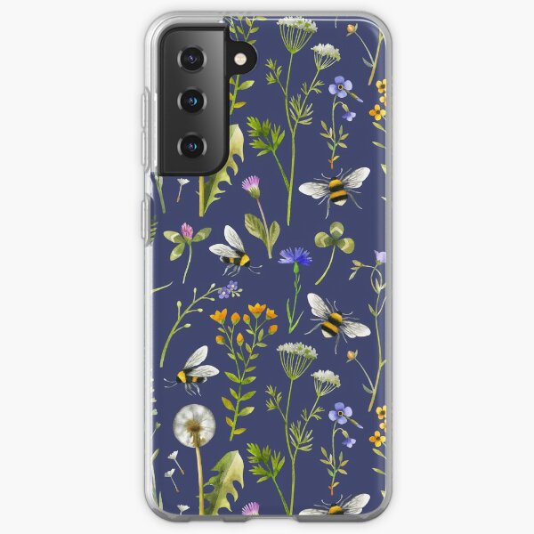 Bees and wildflowers on dark blue Samsung Galaxy Soft Case