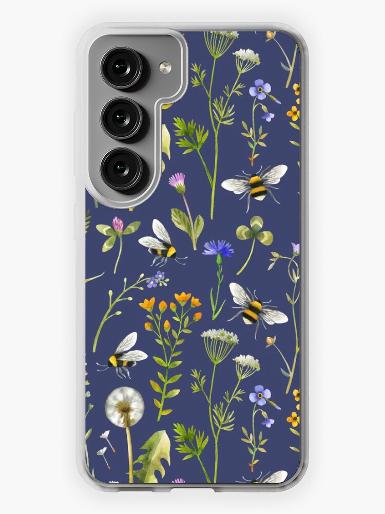 Thumbnail 1 of 4, Samsung Galaxy Phone Case, Bees and wildflowers on dark blue designed and sold by MirabellePrint.