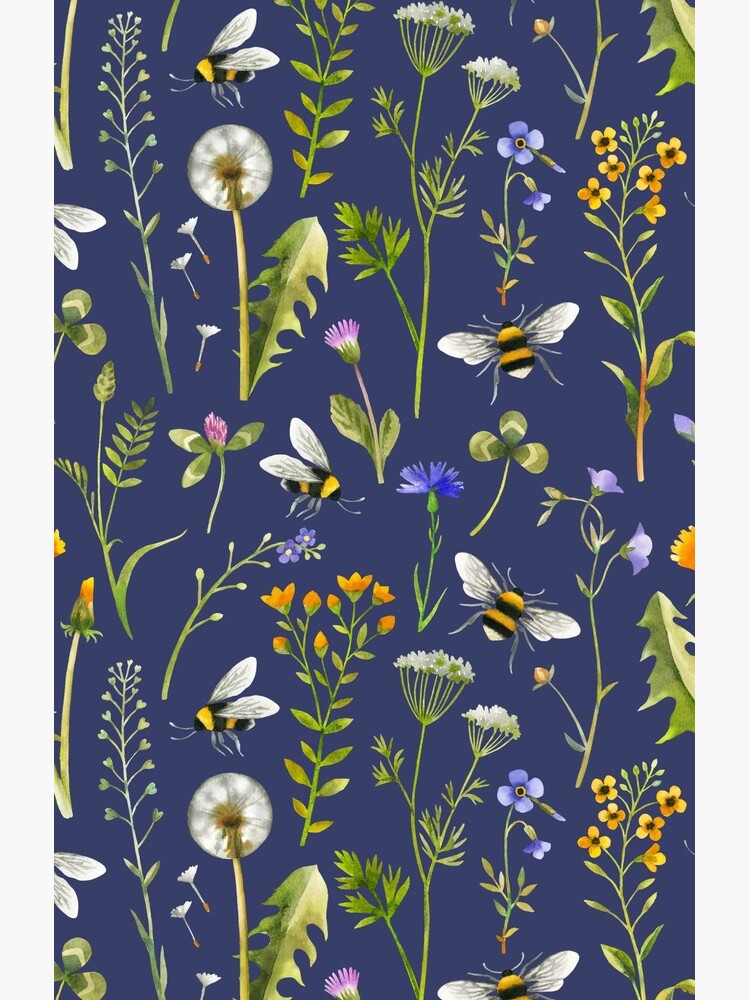 Artwork view, Bees and wildflowers on dark blue designed and sold by MirabellePrint