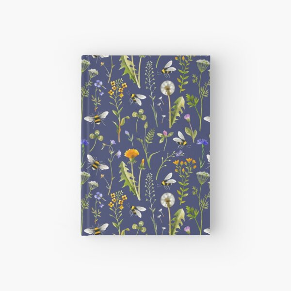 Bees and wildflowers on dark blue Hardcover Journal