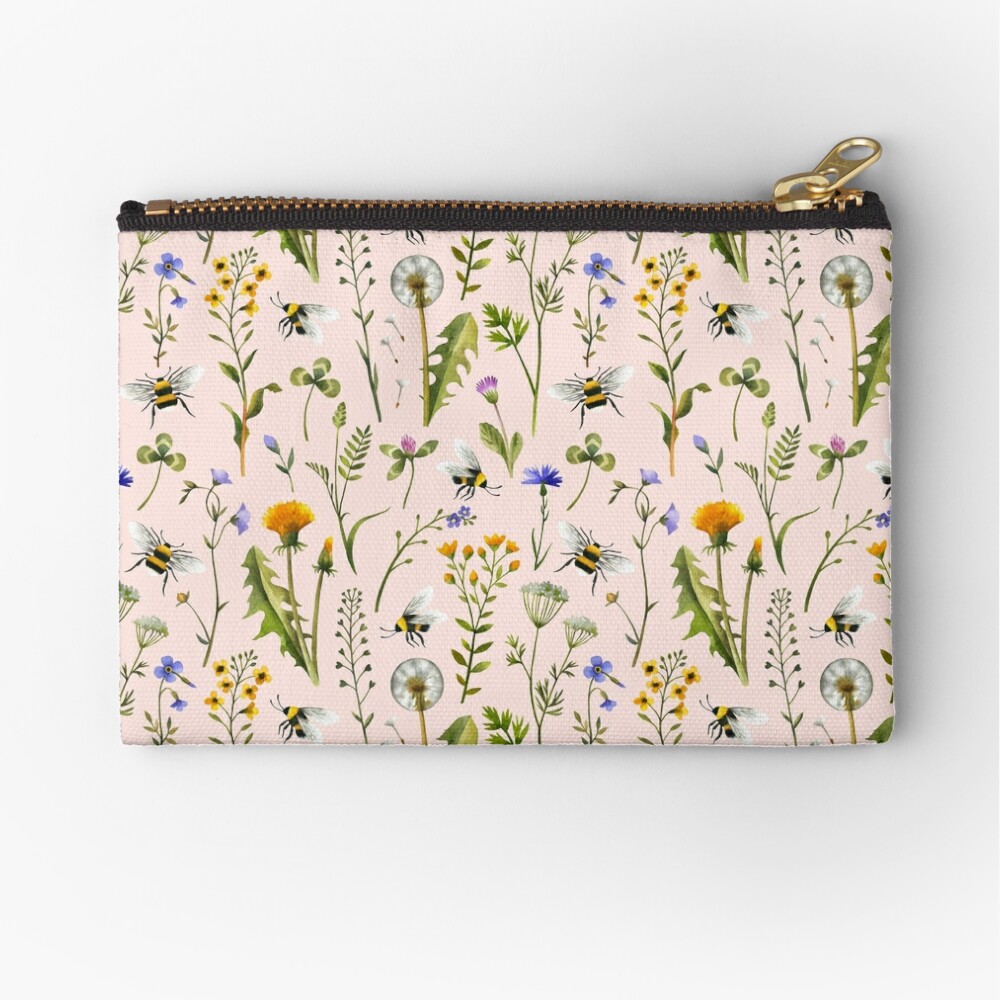 Bees and wildflowers on blush Zipper Pouch