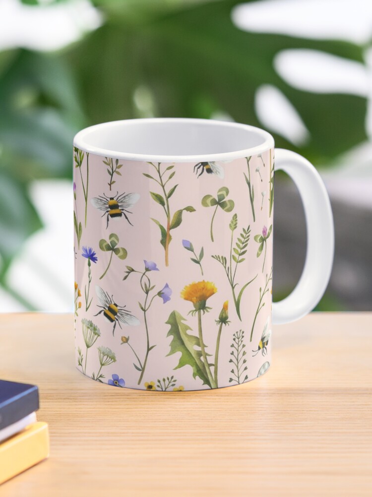 Bone china coffee or tea mugs, wildflowers design, set of 2