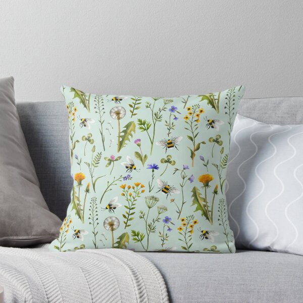 Bees and wildflowers on mint Throw Pillow