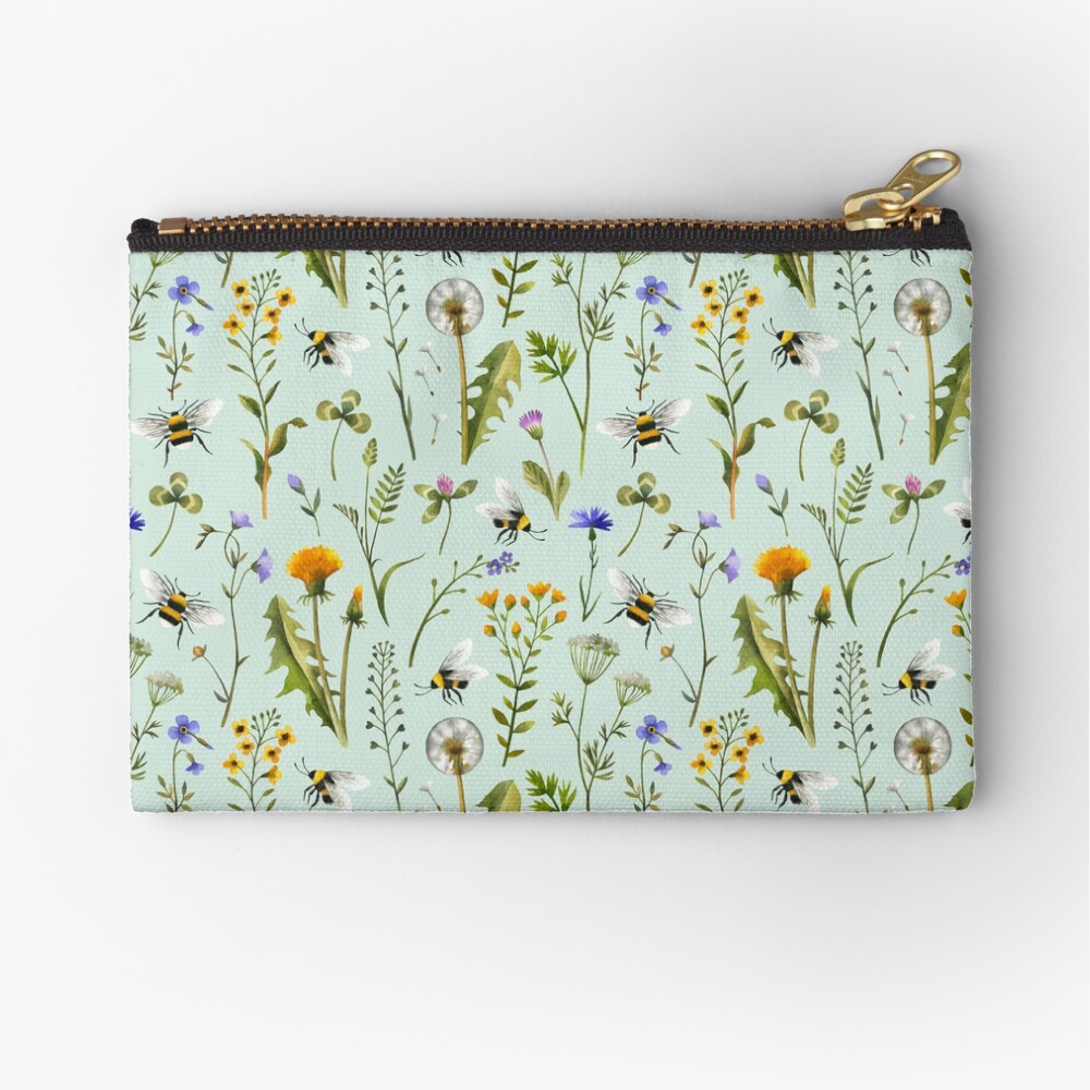 Bees and wildflowers on mint Zipper Pouch