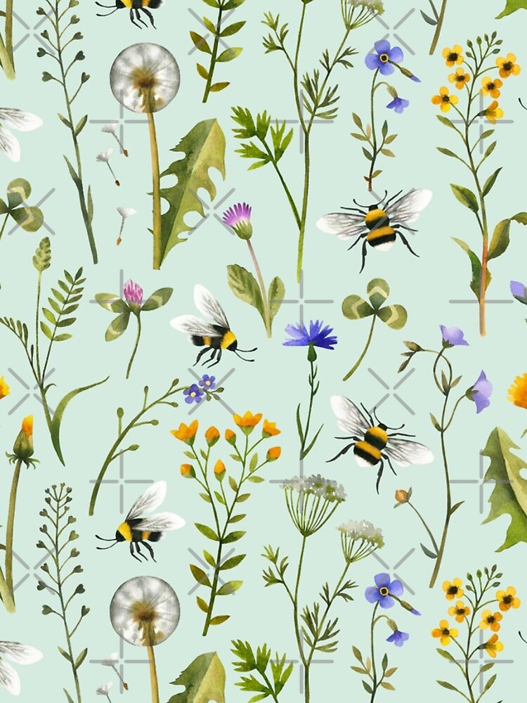 Bees and wildflowers on mint by MirabellePrint