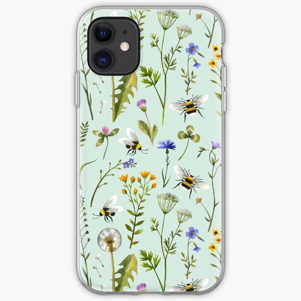Bees and wildflowers on mint iPhone Soft Case