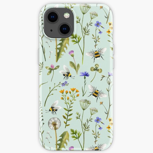 Bees and wildflowers on mint iPhone Soft Case