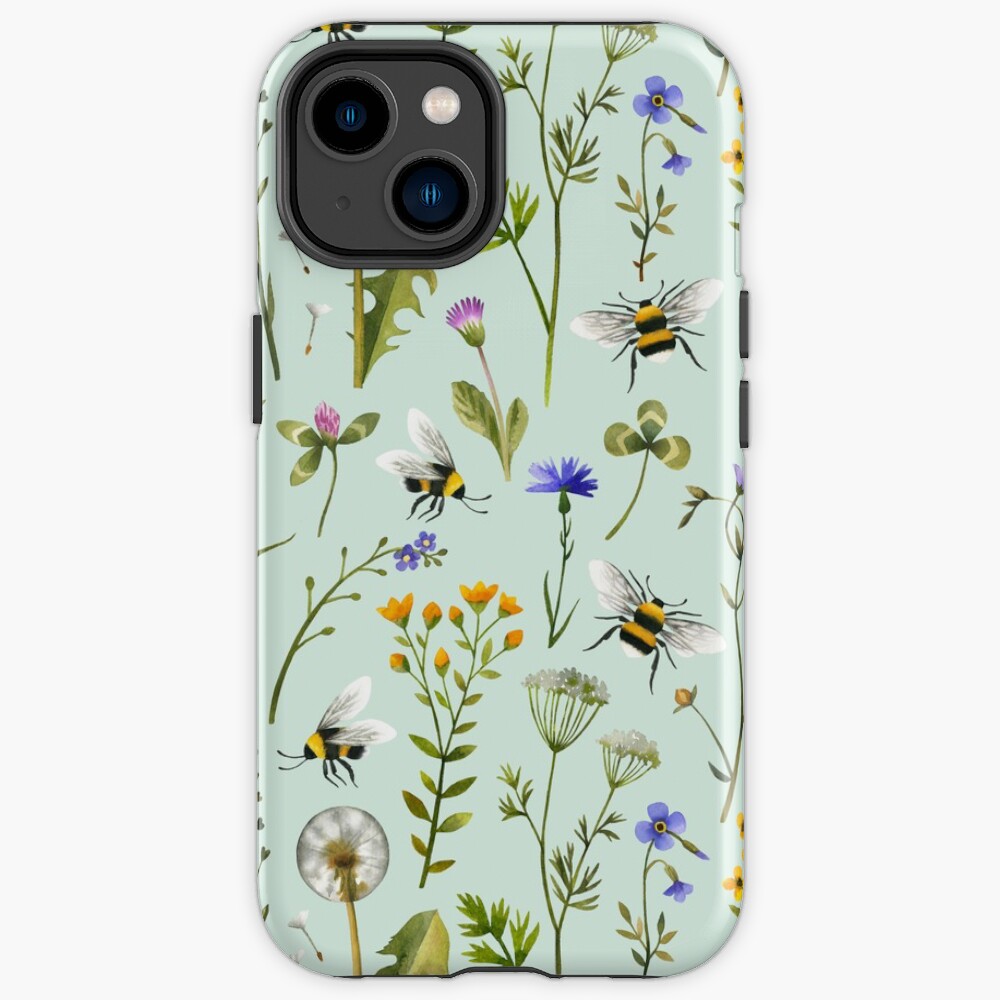 Bees and wildflowers on mint iPhone Case