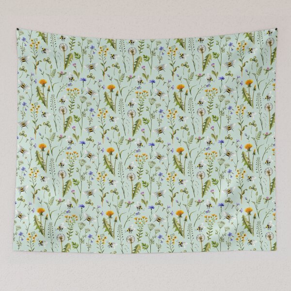 Item preview, Bees and wildflowers on mint designed and sold by MirabellePrint.