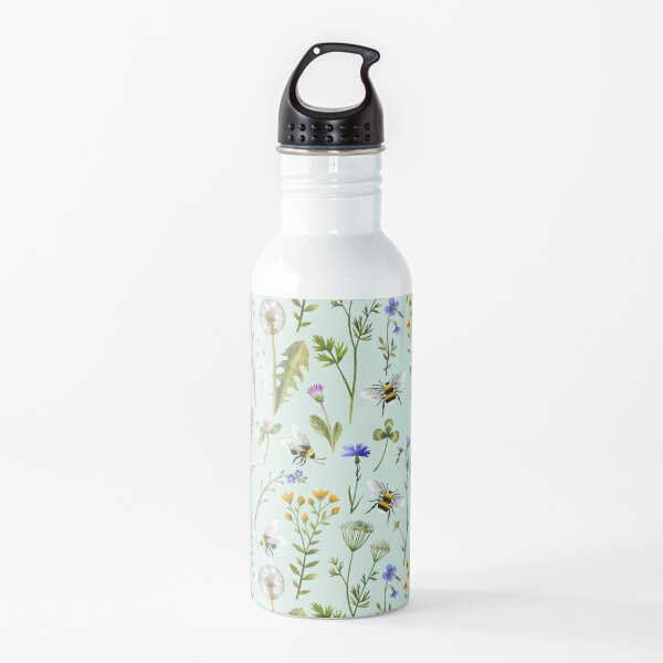 Bees and wildflowers on mint Water Bottle