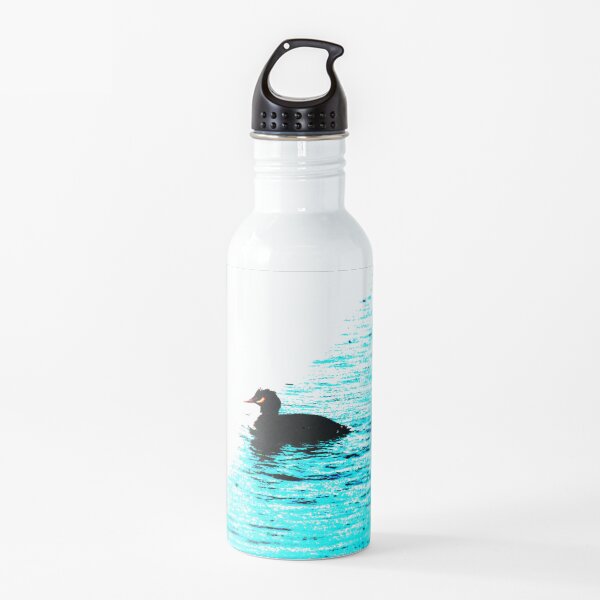 Crested Grebe on blue and white background Water Bottle