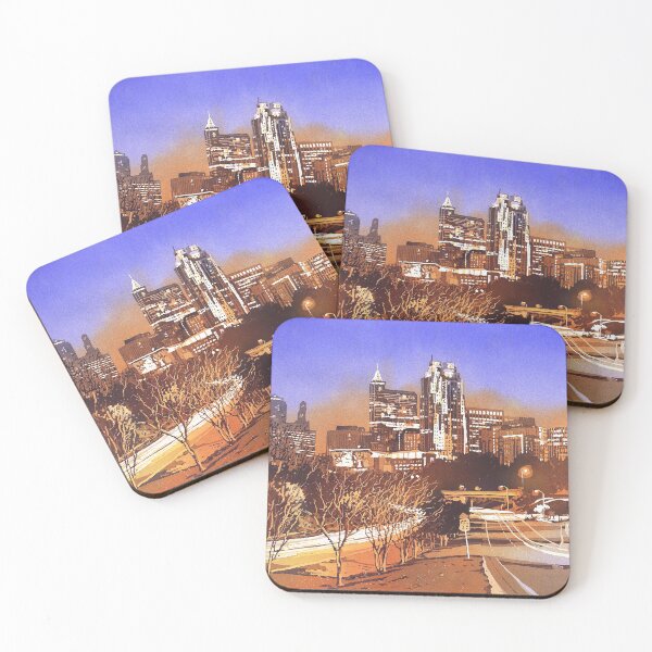 Item preview, Watercolor painting of skyline of downtown Raleigh, NC at sunrise.  Watercolor painting Raleigh designed and sold by rfoxphoto.