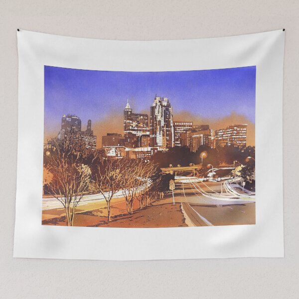 Item preview, Watercolor painting of skyline of downtown Raleigh, NC at sunrise.  Watercolor painting Raleigh designed and sold by rfoxphoto.