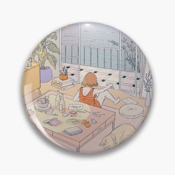 Item preview, Girl relaxing in apartment with dog and balcony open to the sea and fresh breeze designed and sold by MindChirp.