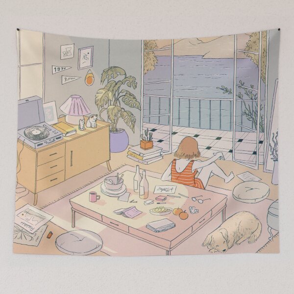 Item preview, Girl relaxing in apartment with dog and balcony open to the sea and fresh breeze designed and sold by MindChirp.