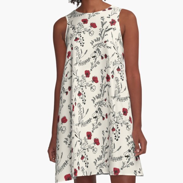 Red Flower Pattern A-Line Dress