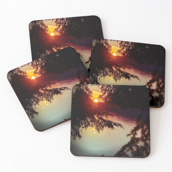 Item preview, setting sun shining through the trees and reflecting off a northern lake designed and sold by LevyAmanda.
