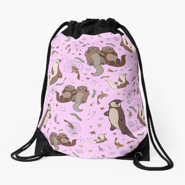 Otters in Pink Drawstring Bag