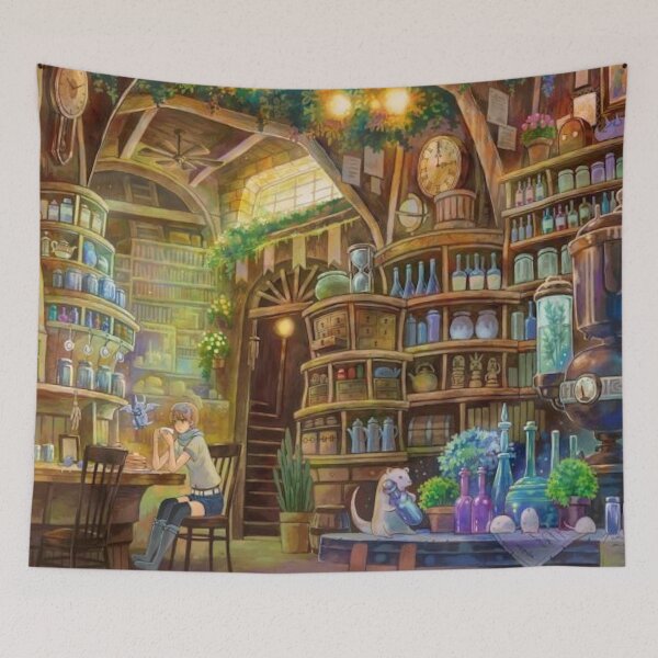 Item preview, Girl sipping a hot drink in a magical potion shop cafe designed and sold by MindChirp.