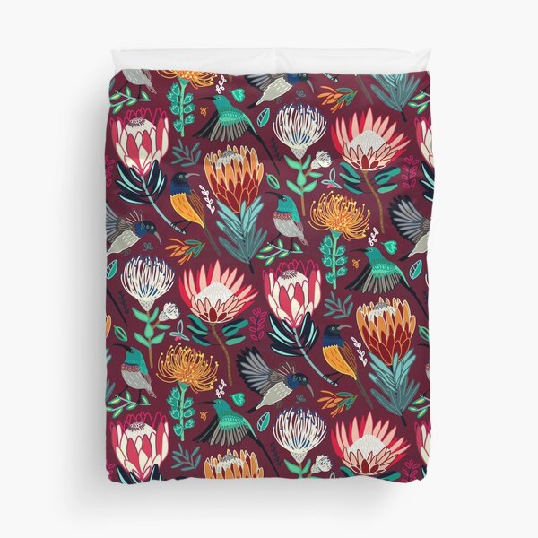 Sunbirds & Proteas On Maroon Duvet Cover