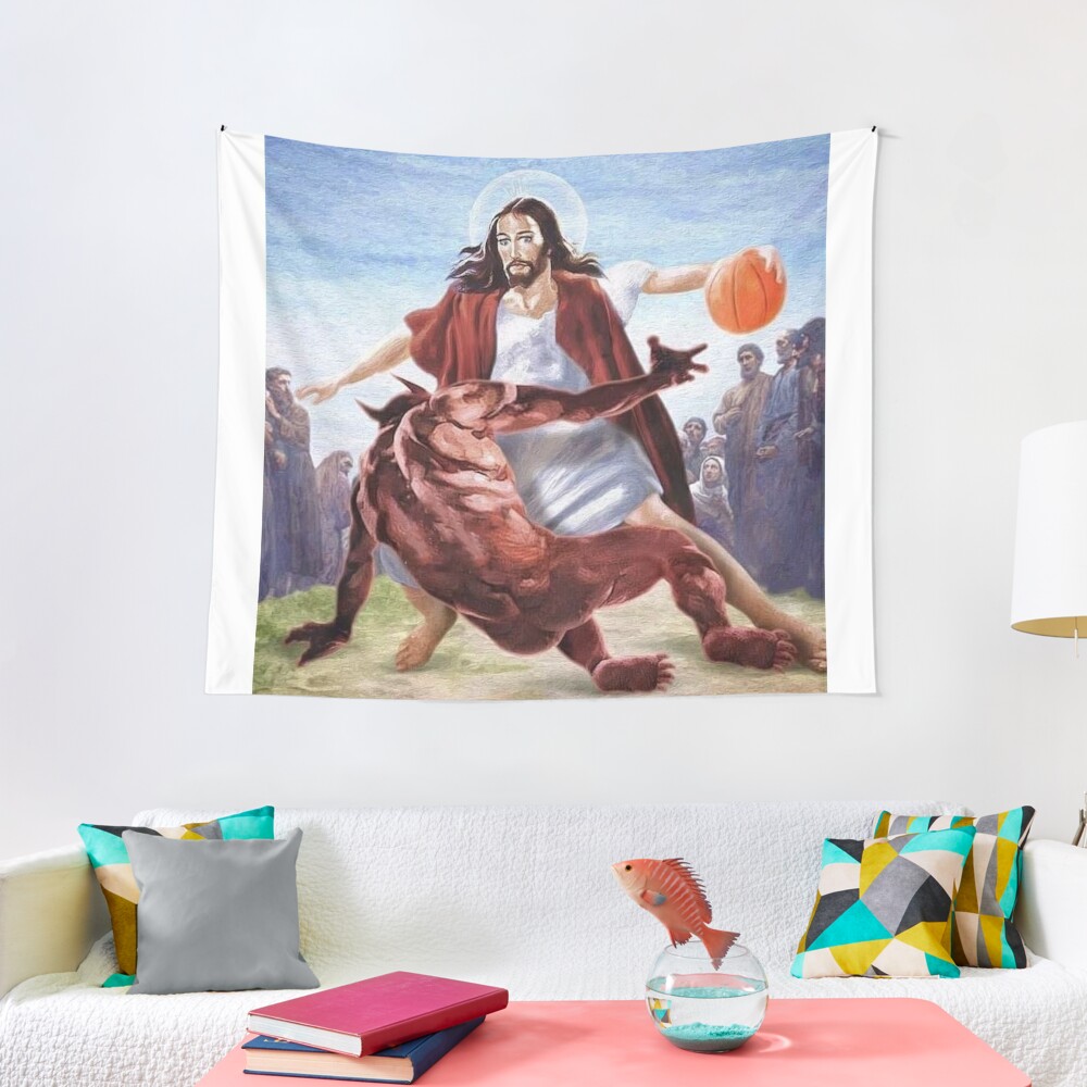 Disover Jesus vs Satan in Basketball Tapestry