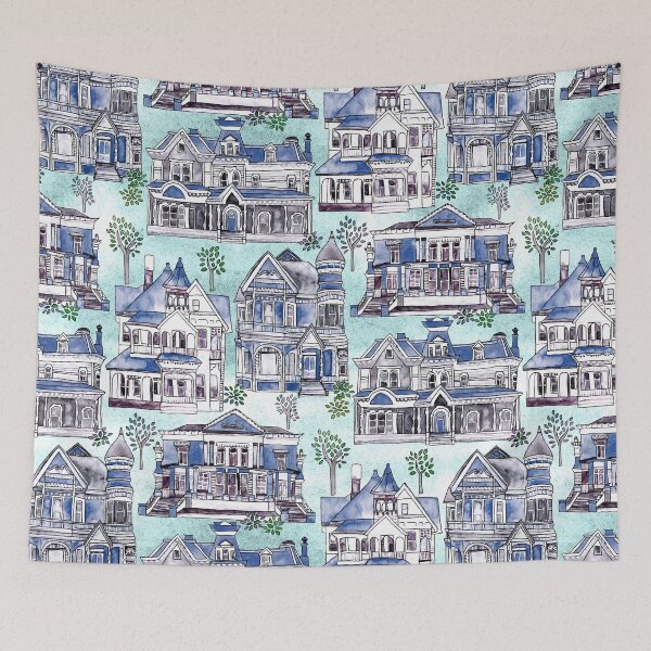 Item preview, Blue Watercolor Victorian Houses  designed and sold by TigaTiga.