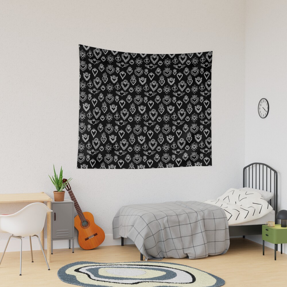 Sacred Heart Pattern - Black and White Tapestry for Sale by alexixela