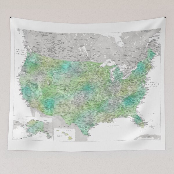 Item preview, Green watercolor detailed map of the US designed and sold by blursbyai.