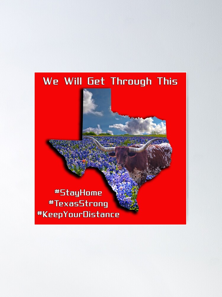 Poster, Shape of Texas with Longhorn in Bluebonnets #TexasStrong Covid-19 Solidarity designed and sold by Warren Paul Harris