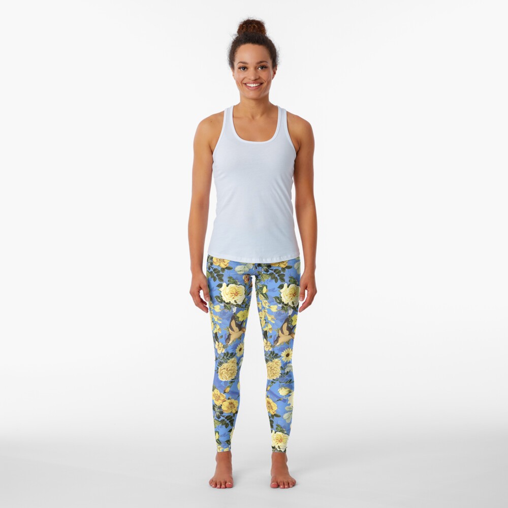 Antique Blue And Yellow Botanical Flower Rose Garden Leggings
