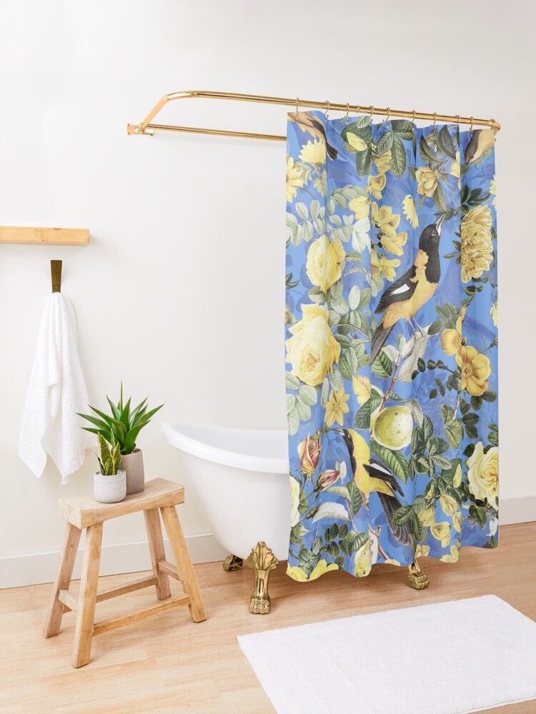 Alternate view of Antique Blue And Yellow Botanical Flower Rose Garden Shower Curtain