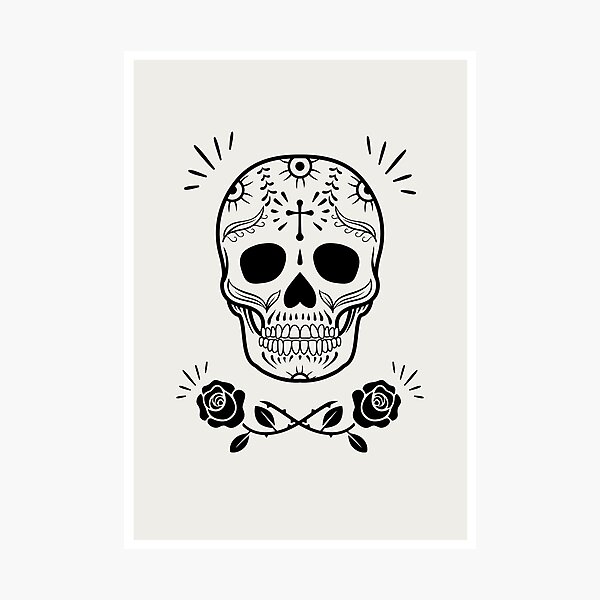 Sugar Skull With Flowers Art • White Photographic Print