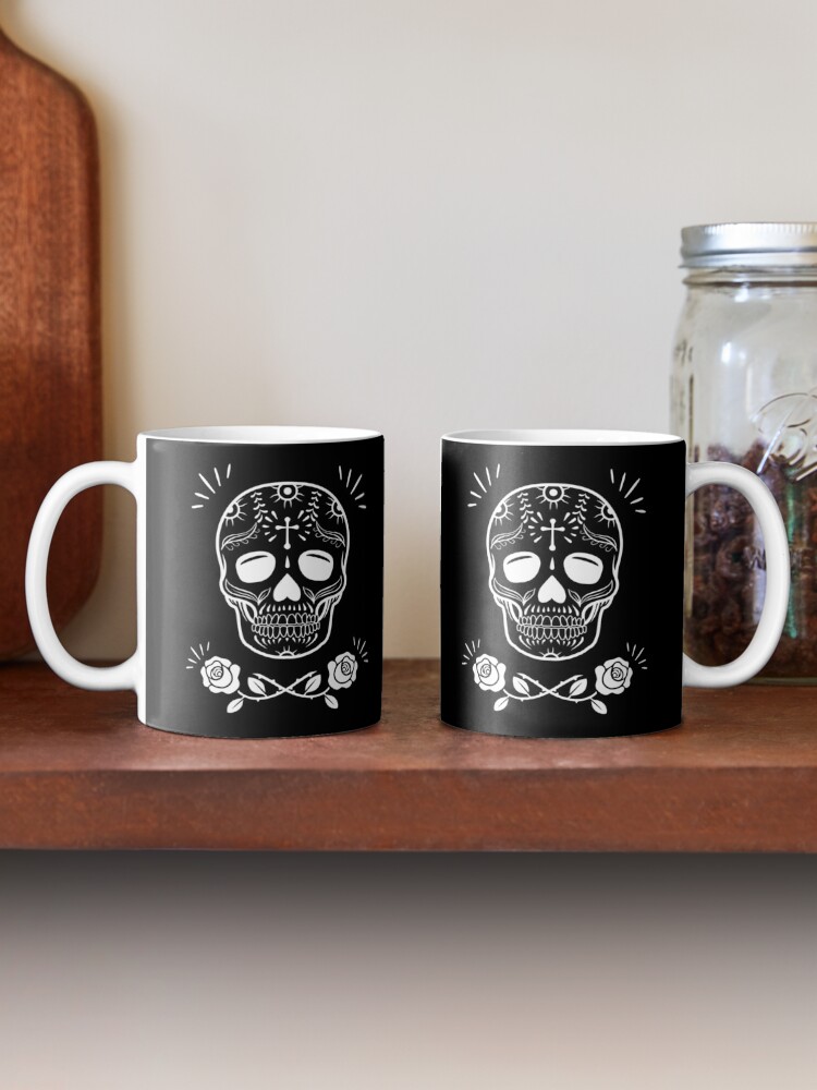 Alternate view of Sugar Skull With Flowers Art • Black Mug